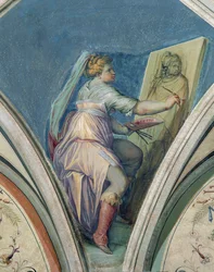 Donna seduta che dipinge un ritratto di un uomo, forse l